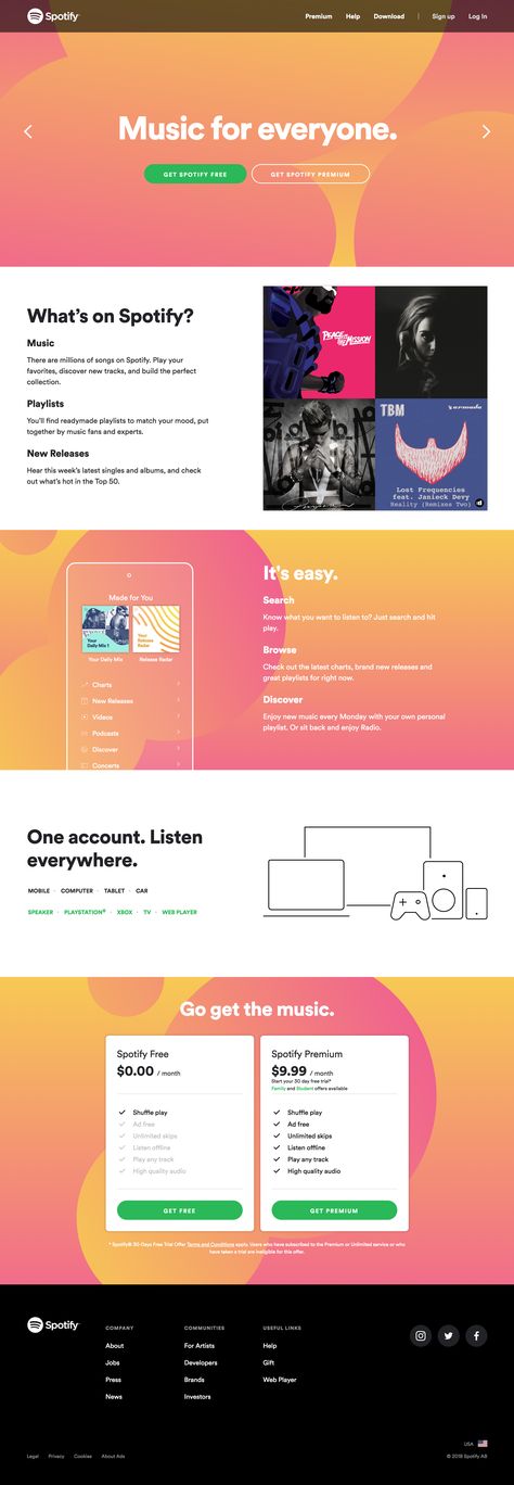 #landingpage #spotify #circularfont #analoguscolors Ui Ux Website, Music Website, Visual Hierarchy, Spotify Premium, Ux Design Inspiration, Web Design Trends, Web Layout, User Interface Design, Website Design Inspiration