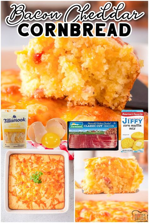 Bacon Cheddar Cornbread, Savory Cornbread Recipe, Maple Cornbread, Cheese Cornbread, Jiffy Recipes, Bacon Cornbread, Jiffy Cornbread Recipes, Cheesy Cornbread, Cornbread Cake