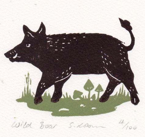 This is a little, two colour lino cut, 'Wild Boar' Wild Boar Illustration, Grimoire Art, Concept Aesthetic, Sarah Robinson, Ranch Logo, Village Art, Wild Hog, Lino Cuts, Lino Prints