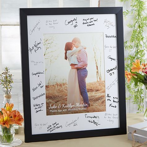 Engagement photo with guests’ signatures on matting around photo. Large Frame and hang in home... Personalized Signs & Wall Plaques | PersonalizationMall.com Signed Photo Frame Wedding, Wedding Guest Book Picture Frame Sign, Signature Picture Frame, Signage Ideas, Wedding Boards, Couple Wedding Shower, Wedding Gifts For Friends, Personalized Wedding Guest Book, Wedding Shower Favors