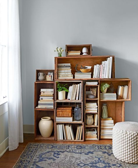 Wood Crate Shelves, Crate Shelf, Clear Clutter, Shelf Arrangement, Retail Store Interior Design, Crate Shelves, Country Living Magazine, Ways To Organize, Furniture Rehab