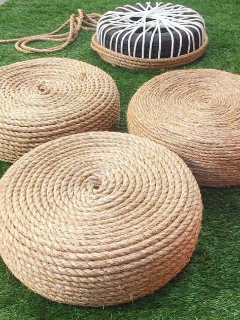 Rope Covered Recycled Tire Seats #diy #backyard #garden #projects #decorhomeideas Tire Garden Ideas Diy Projects, Diy Backyard Garden, Upcycle Tires, Pergola Trellis, French Formal Garden, Cute Planters, Fire Pit Pergola, Build Your Own Pool, Tire Seats