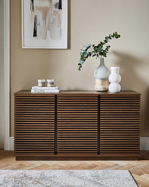 Walnut wood grain effect sideboard featuring slatted front design, three doors and cupboards with internal shelves. Sideboard Walnut, Bedroom Design Styles, Grain Effect, Walnut Sideboard, Domestic Appliances, Large Sideboard, Jd Williams, Particle Board, Front Design