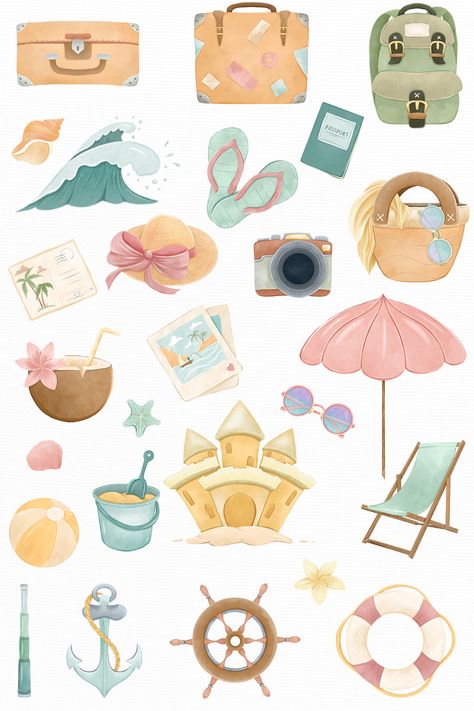 Beach Elements Illustration, Vacation Stickers, Vacation Clipart, Beach Elements, Summer Elements, Ocean Clipart, Summer Drawings, Travel Clipart, Beach Clipart