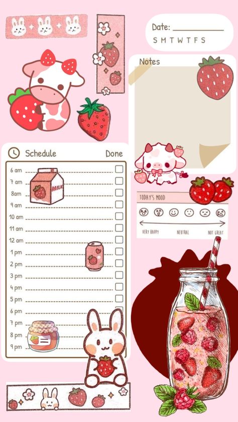 Strawberry Journal Ideas, Strawberry Stationary, Strawberry Calendar, Strawberry Bullet Journal, Strawberry Planner, Kawaii Daily Planner, Cute Schedule, Strawberry Journal, Diy Note Pad