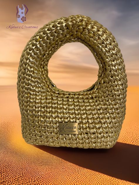 Handmade, metallic yarn purse, crochet purse, golden purse, artisan bag, crochet bag Metallic Crochet Bag, Metallic Yarn Crochet, Yarn Crochet Bag, Golden Purse, Gold Crochet, Wooden Bag, Crochet Handbag, Bags Leather Handbags, Metallic Yarn