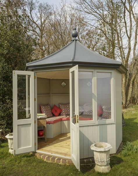 Summer Houses For Small Gardens, Painted Gazebo Ideas, Small Summer House Ideas, Summer House Ideas, Octagonal Summer House, Small Summer House, Summer House Interiors, Octagon House, Insulated Garden Room