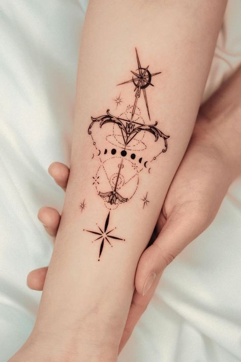 Sagittarius Tattoo Designs, Sagittarius Tattoo, Tattoos For Black Skin, Zodiac Tattoos, Arm Band Tattoo, Real Tattoo, Flower Tattoo Designs, Tattoo Designs For Women, Matching Tattoos