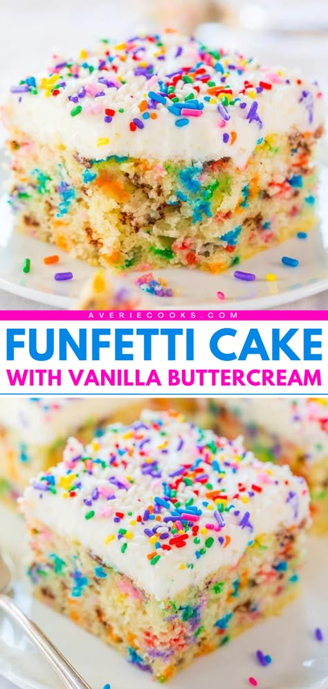 A Mother's Day baking recipe from scratch! Your Mother's Day dessert ideas must have this confetti cake. Loaded with sprinkles from the batter to the vanilla buttercream frosting, this easy homemade funfetti cake tastes amazing! Very Simple Birthday Cake, Homemade Cakes Birthday, Birthday Desserts Recipes, Easy Confetti Cake, Birthday Cake Flavor Recipes, Funfetti Cake Frosting, Moist Funfetti Cake, Funfetti Cake Recipe Homemade, Confetti Sheet Cake