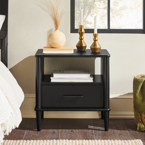 Red Barrel Studio® Boshell 1-Drawer Solid Wood Nightstand & Reviews | Wayfair Primary Bedroom Ideas, Industrial Studio, Storage Cubby, Black Nightstand, Walnut Nightstand, Den Bedroom, Room Vibes, Side Tables Bedroom, Adult Bedroom