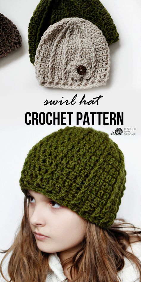 Crochet Beanie Pattern - Swirl Hat by Rescued Paw Designs. Click to read more or pin and save for later! Free Crochet Beanie Pattern, Olaf Hat, Swirl Hat, Hat Free Crochet Pattern, Crochet Adult Hat, Crochet Beanies, Yarn Patterns, Crocheted Hats, Crochet Hat Free