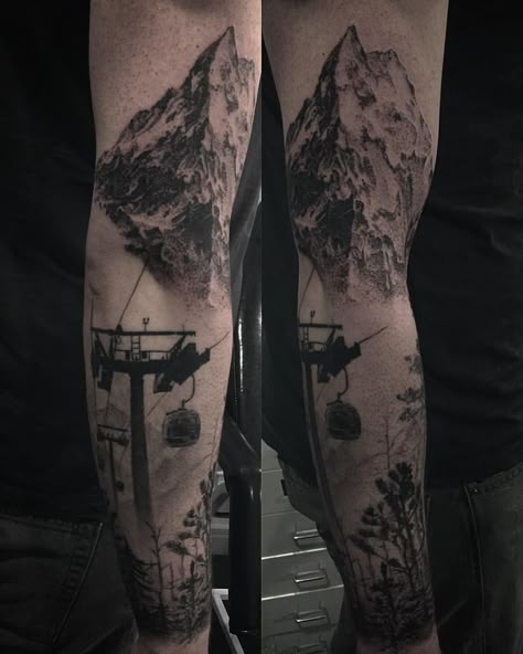 Dotwork sleeve with mountain and forest. Tattoo by Alex Oberov Mountain Sleeve Tattoo, Snowboarding Tattoo, Snowboard Tattoo, Skiing Tattoo, Mountain Bike Tattoo, Winter Tattoo, Snow Tattoo, Mountain And Forest, Forest Tattoo