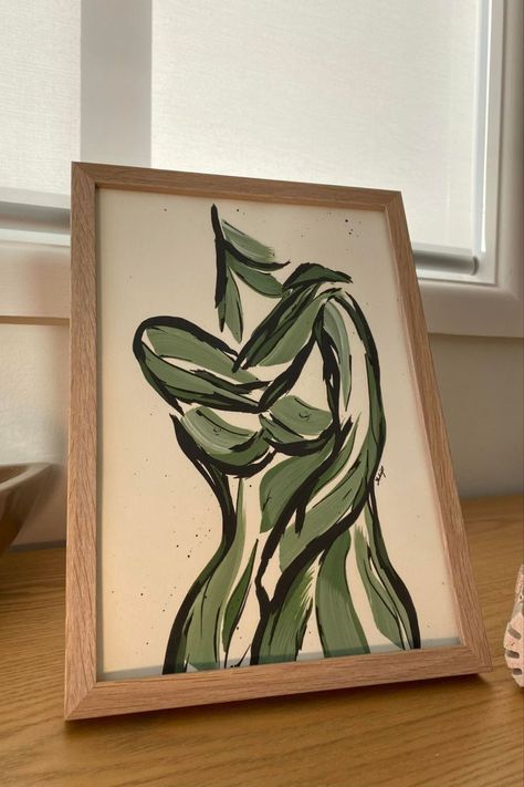 "EMERALD DISPLAY" Statement Original Framed Artwork by Julia Parisi Art Olive Green Decor, Olive Green Bathrooms, Green Art Painting, Emerald Green Bedrooms, Paint On Cardboard, Olive Green Bedrooms, Green Bedroom Decor, Green Artwork, Woman Posing