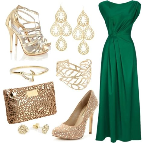 Long Jem colored dress Emerald Green Dress Accessories Formal, Emerald Dress With Gold Accessories, Green Prom Dress With Gold Accessories, Gold Shoes Outfit Dress, Green Dress Accessories Jewelry Formal, Gold Jewelry With Green Dress, Emerald Green Dress Gold Accessories, Jewelry For Green Dress Formal, Accessories For Green Dress Formal