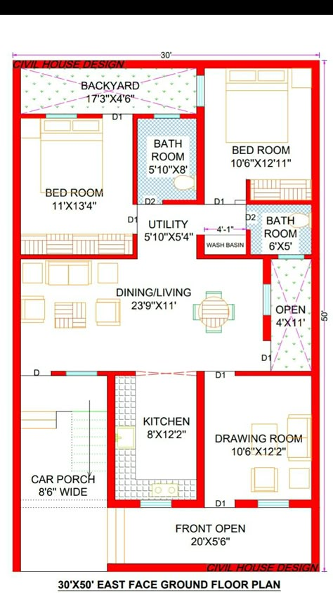 30x50 House plans | 1500 sq ft House Design | 30*50 House Plan | 30x50 East Facing House plans #30x50House #30x50HousePlan #30x50HouseDesign #1500sqftHouse #1500sqftHousePlan #30by50House #CivilHouseDesign #HouseDesign https://youtu.be/POJiqHqboi8 30 X 40 House Plans 3 Bedroom, House Plans 30 X 50, 50 By 50 House Plans, 30x 50 House Plans, 1600 Sq Ft House Plans Indian, 30x50 House Plans East Facing With Vastu, 30 By 50 House Plans Design, 30×50 East Facing House Plan, 50x30 House Plans Layout