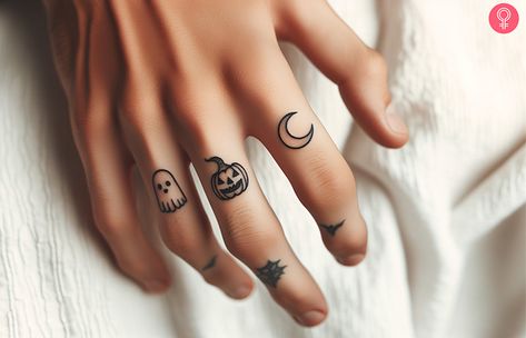 Halloween Micro Tattoos, Finger Tattoos Halloween, Halloween Knuckle Tattoos, Finger Witch Tattoo, Tiny Halloween Tattoos For Women, Pumpkin Hand Tattoo, Ghost Finger Tattoo, Dainty Halloween Tattoos, Small Halloween Tattoos Simple