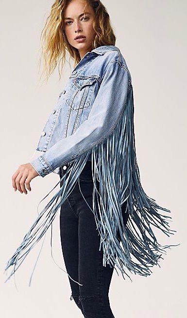 Fringe denim jacket ... Fringe Jacket Outfit, Jean Jacket Outfits Men, Fashion Denim Jacket, Fringe Denim Jacket, Hunter Premo, Denim Editorial, Womens Denim Vest, Fringe Jeans, Jean Jacket Outfits