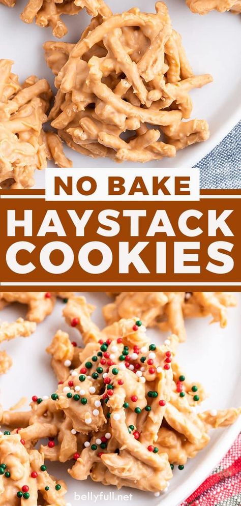 No Bake Haystack Cookies, Butterscotch Haystacks, Haystack Cookies, Chow Mein Noodles, Crunchy Cookies, Butterscotch Chips, Chow Mein, Vanilla Chocolate, Macadamia Nuts