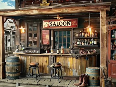 Cowboy Bar Ideas, Saloon Style Bar, Western Saloon Interior, Saloon Bar Ideas Western Theme, Saloon Bar Ideas, Old Saloon Decor, Saloon Decor Interior Design, Western Saloon Bar, Wild West Saloon Interior