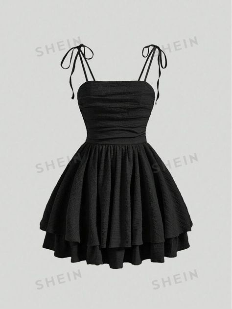 SHEIN MOD Solid Tie Shoulder Ruched Bust Cami Black Summer Dress | SHEIN USA Short For Women Outfit, Black Dress Flowy Short, Prom Dresses Cute Short, Hot Short Black Dress, High School Dance Dresses Short, Homecoming Dresses For 6th Graders, 6th Grade Dresses For Dances, Black Dress With Bow Straps, Dark Purple Dress Short Casual