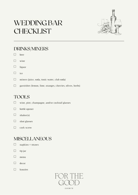 Wedding Open Bar Checklist, Wedding Bar Checklist, Wedding Cocktail Hour Menu Ideas, Wedding Bar List, Bar Checklist, Bar At Wedding, Mobile Bartender, Wedding Reception Bar, Diy Wedding Bar