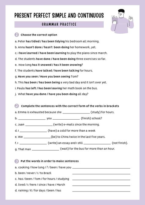 White Lilac And Greyscale Present Perfect Simple And Continuous Grammar Practice Worksheet - Templates by Canva Present Simple And Continuous Worksheet, Present Perfect Tense Worksheets, Present Perfect Continuous Worksheets, Present Perfect Worksheets, Present Continuous Worksheet, Present Perfect Simple, Esl Flashcards, Present Perfect Continuous, English Grammar Test