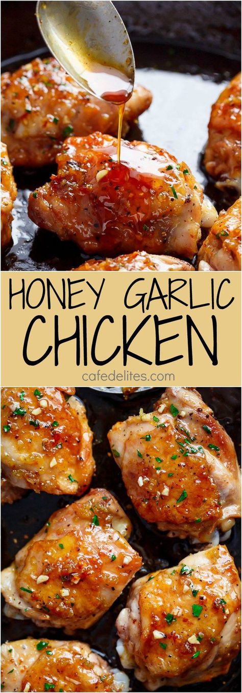 Sticky and Easy Honey Garlic Chicken made simple, with the most amazing 5-ingredient honey garlic sauce that is so good you’ll want it on everything! Quick & easy weeknight dinner | cafedelites.com Sweet And Savory Chicken, Chicken With Honey, Easy Honey Garlic Chicken, Sommer Mad, Honey Garlic Sauce, Ayam Bakar, Resep Diet, Salad Pasta, Honey Garlic Chicken