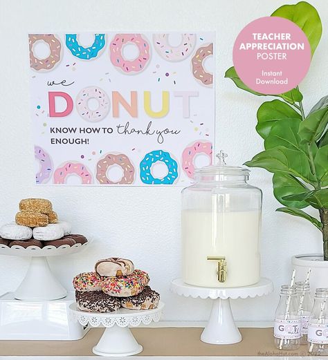 TEACHER APPRECIATION Idea Donut Theme Sign Poster Thank You | Etsy Teacher Appreciation Donut Ideas, Dunkin Donuts Teacher Appreciation, Donut Staff Appreciation, Donut Appreciation Printable Free, Donut Teacher Appreciation Printable, Donut You Know How Much I Appreciate You, Candy Buffet Bar, Teacher Appreciation Poster, Teacher Appreciation Themes