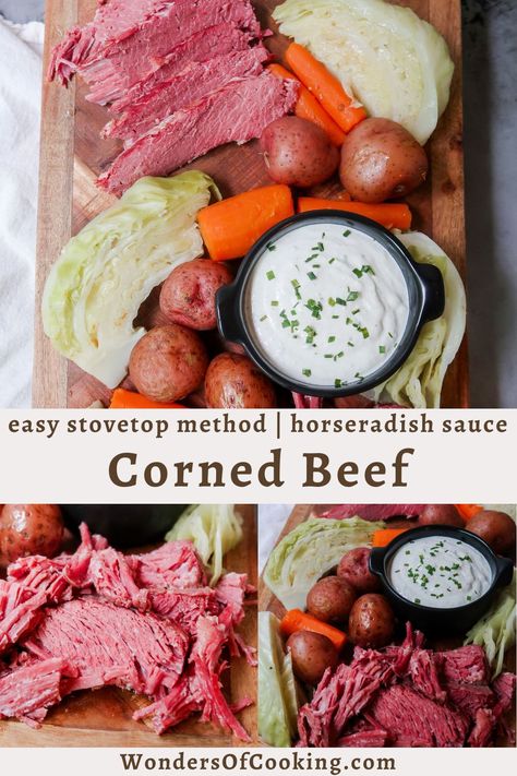 This Corned Beef and Cabbage recipe is cooked right on the stove top, yielding the most tender corned beef and perfectly seasoned cabbage, carrots, and red potatoes.

Eat the corned beef all by itself (a perfectly reasonable option) or with yellow mustard, or try out my Creamy Horseradish Sauce. The horseradish sauce is zingy just like yellow mustard, but it’s also creamy and herbaceous. Honestly, it’s a match made in heaven with corned beef.

This is my tried and true St. Patrick’s day feast. Seasoned Cabbage, Stove Top Potatoes, Corned Beef Sauce, Dutch Oven Corned Beef, Roasted Corned Beef, Best Corned Beef Recipe, Tender Corned Beef, Best Corned Beef, Corned Beef And Cabbage Recipe