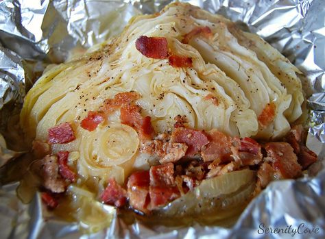 Baked Cabbage Packets -- seasoned cabbage wedges and bacon are wrapped up in foil packets and baked until tender. Baked Cabbage Wedges, Oven Roasted Cabbage, Cabbage Wedges, Roasted Cabbage Wedges, Grilled Cabbage, Foil Pack Dinners, Foil Packet Dinners, Baked Cabbage, Foil Pack Meals