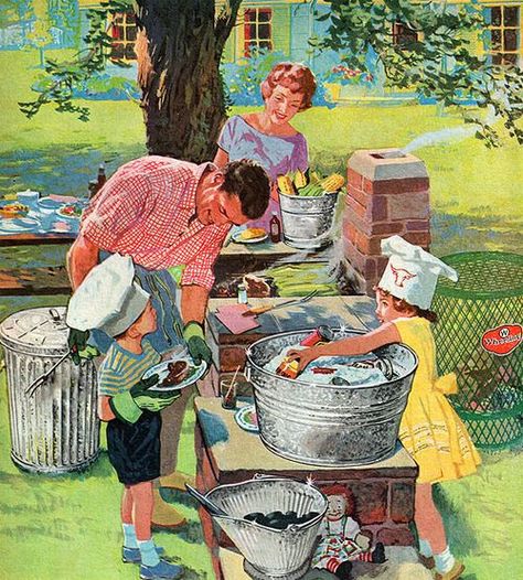 2 children, 2 parents, boat load of food and drinks for family picnic, with neighbors invited. 가족 일러스트, Roger Wilkerson, Nuclear Family, Vintage Housewife, Vintage Drawing, Family Illustration, Images Vintage, Family Art, Norman Rockwell