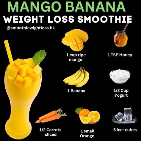 Mango Banana Weight Loss Smoothie #smoothie #smoothiediet #smoothierecipes #smoothiedietforweightloss #mangobananasmoothie #breakfastsmoothie #7-daysmoothiedietplan #weightloss #diet Mango Recipe, The Smoothie Diet 21 Day, Mango Banana Smoothie, Smoothie Diet 21 Day, Breakfast Juice, Banana Drinks, Smoothie Diet Challenge, Banana Smoothie Recipe, 21 Day Smoothie Diet