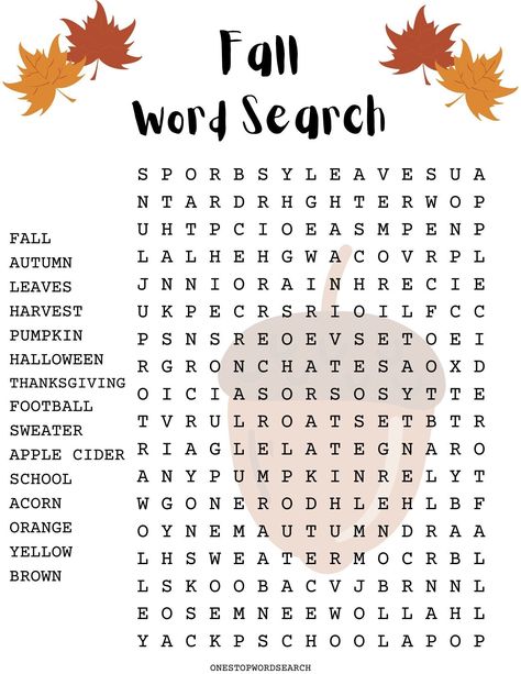 This fun "Fall Word Search" game is family fun for all age groups. Great for some quality time together in the Fall season, or to do leading up to the first day of Autumn.   People of all ages can enjoy this puzzle together! It can also help with children's word recognition and spelling. Great for schools, daycare, and child centers. This listing is for an instant digital DOWNLOAD. No physical product will be sent. This puzzle is non-editable. WHAT IS INCLUDED? - One PDF puzzle on an 8.5 x 11 si Fun Fall Activities For School Age, Fall Student Activities, Fall Spelling Words, Fun Fall School Activities, October Games For Kids, Fall Activities For After School Program, Fall Activities For School Age Kids, Fall Activities For Workplace, Fall Activities For 5th Grade