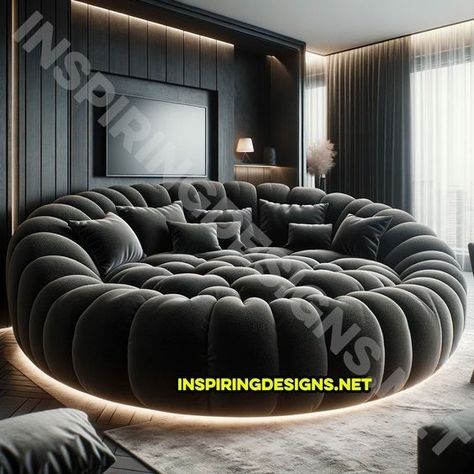 Movie Sofa Furniture, Circular Couch Living Room, Circular Movie Sofa, Makeover Room Ideas, Big Sofa Living Room Comfy Couches, Dream Movie Room, Cool Sofa Design, Rounded Sofa Living Room Couch, Giant Circular Movie Sofa