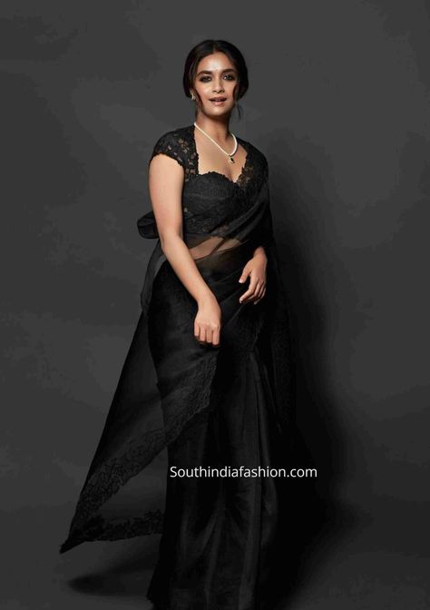 Keerthi Suresh Black Saree, Celebrities In Organza Sarees, Organza Sarees Black, Blouses For Organza Sarees, Simple Black Saree, Black Saree Look, Saree Ruffle, Black Saree Designs, Black Organza Dress