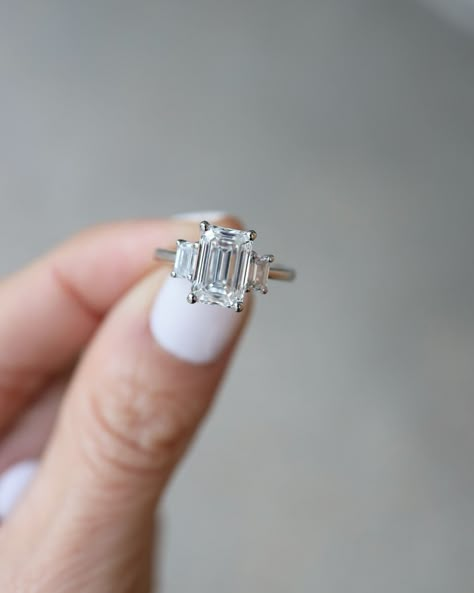 Baguette Trilogy Ring, Trilogy Engagement Ring Emerald Cut, Square Trilogy Engagement Ring, Trilogy Emerald Engagement Ring, Three Emerald Engagement Ring, 3 Emerald Engagement Ring, Emerald Trilogy Ring, Engagement Rings Silver Emerald Cut, Emerald Cut Trilogy Ring