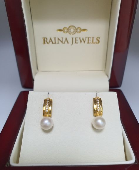 Buy 22K Yellow Gold Freshwater Pearls & Cubic Zirconia Stud online on Etsy India. Shop for handmade, vintage and unique Stud Earrings items from RainaJewels online on Etsy Gold Jewelry Prom, Gold Earrings For Kids, Pearl Earrings Designs, Gold Earrings Indian, Gold Jewelry Outfits, New Gold Jewellery Designs, Gold Earrings Models, Diamond Earrings Design, Modern Gold Jewelry