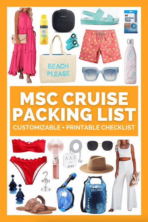 MSC Cruise Packing List + Custom Printable Checklist Cruise Packing Checklist, Cruise Checklist, Carnival Cruise Tips, Greece Cruise, Cruise Packing List, International Travel Essentials, Cruise Packing Tips, Printable Packing List, Top Cruise