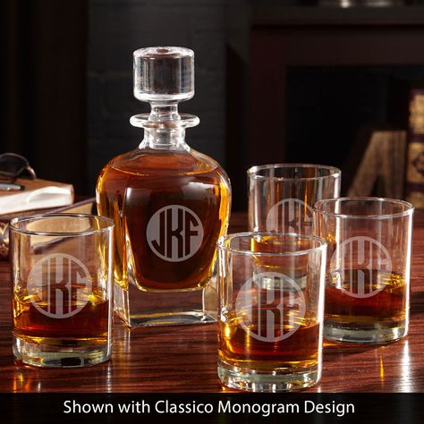 Eastham Circle Monogram Engraved Decanter Set Etched Glass Ideas, Personalized Whiskey Decanter Set, Personalized Whiskey Decanter, Whiskey Glasses Set, Whiskey Decanter Set, Personalized Whiskey, Whiskey Gifts, Liquor Decanter, Glass Making