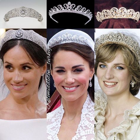 Wedding tiaras❤️ Duchess of Sussex with Queen Mary’s diamond bandeau tiara,Princess Diana with the Spencer tiara and Duchess of Cambridge… Düşes Kate, Middleton Wedding, Royal Crown Jewels, Prins William, Royal Family Pictures, Prins Harry, English Royal Family, Princess Meghan, Princess Diana Family