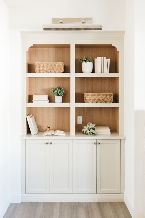 White Bookcase With Doors, Closet To Built In Shelves, Bookcase In Hallway, Off White Built Ins, White And Wood Bookshelf, Custom Built In Bookcase, 2 Tone Built In Bookshelves, White And Wood Built Ins, Cream Built In Bookshelves