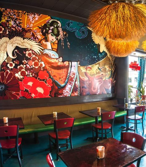 Wara Wara Mural by Kyla Coburn Designs at Wara Wara Restaurant, Providence | Wescover Murals Mural In Restaurant, Restaurant Painting Ideas, Yakitori Bar, Japanese Mural, Steampunk Rabbit, Japanese Commercial, Restaurant Mural, Restaurant Japanese, Japanese Restaurant Interior