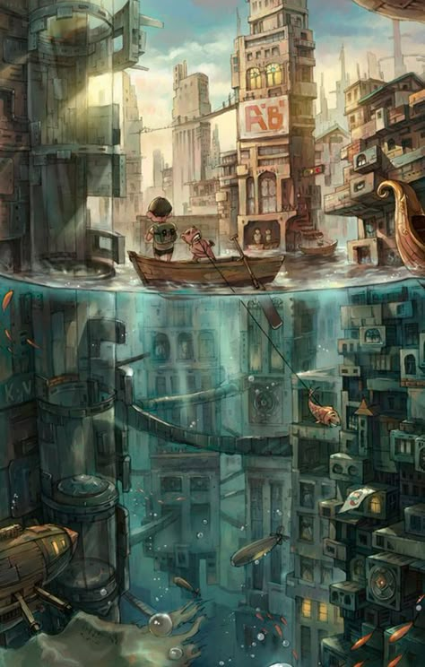 #Art #concept #illustration. This reminds me of the end of The Windup Doll. Fantasy Lifestyle, Lost Memories, Istoria Artei, Underwater City, Fish Illustration, Fantasy City, Fantasy Places, Wow Art, Fantasy Art Landscapes