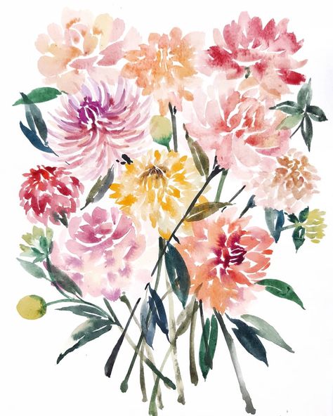 Dahlia Bouquet Drawing, Watercolour Dahlia Flower, Dahlia Flower Watercolor, Watercolour Dahlia, Dahlia Flower Tattoos, Dahlia Watercolor, Dahlia Painting, Bouquet Watercolor Painting, Watercolor Dahlia