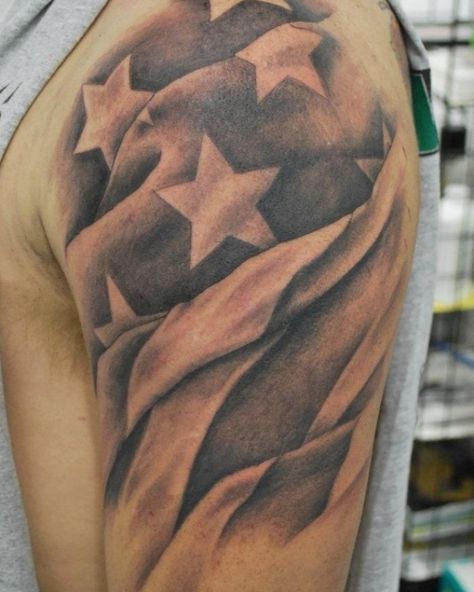 American Flag Sleeve Tattoo, Star Tattoos For Men, Patriotic Tattoos, Army Tattoos, Polynesian Tattoos, Military Tattoos, Marquesan Tattoos, Mens Shoulder Tattoo, Men Tattoos