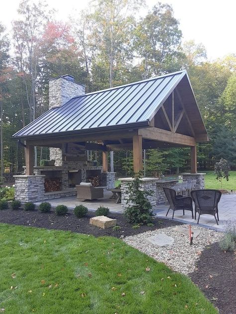 Kitchen Pavilion Outdoor Spaces, Pond Pavilion Ideas, Outdoor Pavilion With Fireplace, Outdoor Pavillion Ideas, Pavilion With Fireplace, Lake Pavilion, Outdoor Pavillion, Timber Frame Porch, Polo Grounds