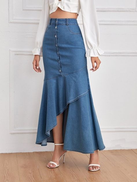 High Waist Button Front Denim Mermaid Skirt | SHEIN USA Diy Denim Skirt, Cotton Night Dress, Long Skirt Fashion, High Waisted Denim Skirt, Skirt Trends, Altering Clothes, Denim Skirt Women, Skirt Patterns Sewing, Mermaid Skirt