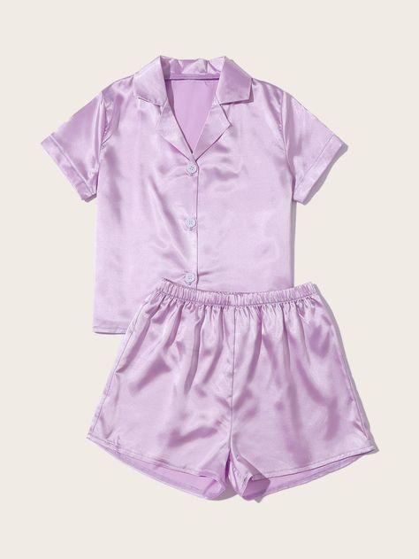 Girls Lapel Neck Satin PJ Set Purple Pjs, Girls Loungewear, Pajamas Aesthetic, Purple Pajamas, Satin Pj Set, Cute Pjs, Cute Sleepwear, Cute Pajama Sets, Looks Party