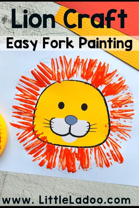 Fork-Painted Lion Craft - Little Ladoo Fork Lion Craft, Daniel In The Lions Den Craft Activities, Lion Fork Painting Craft, Lion Craft Kindergarten, Lion And Lamb Crafts For Kids, Lion And The Mouse Craft, The Lion And The Mouse Activities Preschool, Lion Craft For Preschool, Printable Lion Face