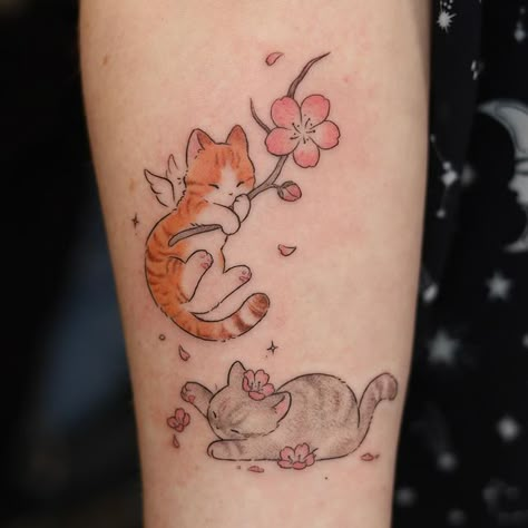 3 Cat Tattoo Ideas, Tattoo For Passed Cat, 3 Cats Tattoo, Millie Tattoo, Two Cat Tattoo, 2 Cats Tattoo, Cat And Dog Tattoo, Kitten Tattoo, Sakura Tattoo